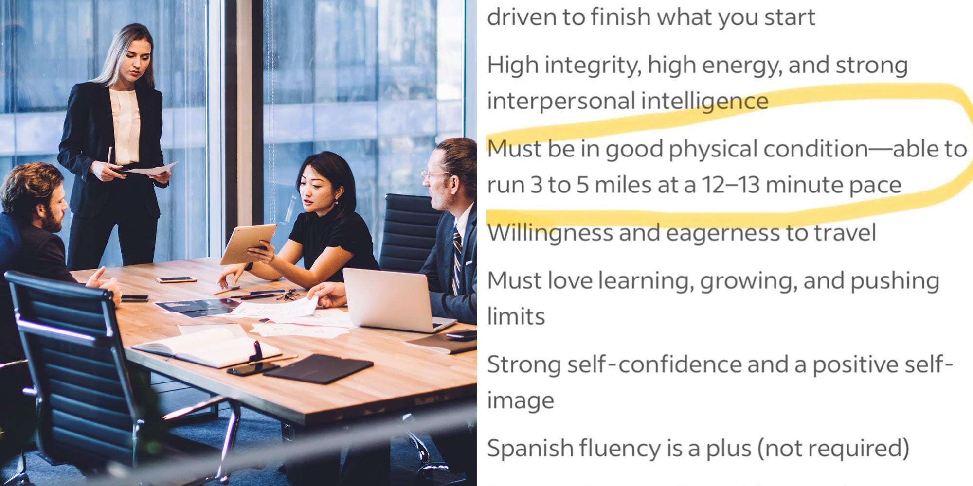 Left: From above of group of diverse colleagues in formal clothing discussing business ideas while gathering at table in modern office and working together. Right: Administrative Assistant to CEO job listing.