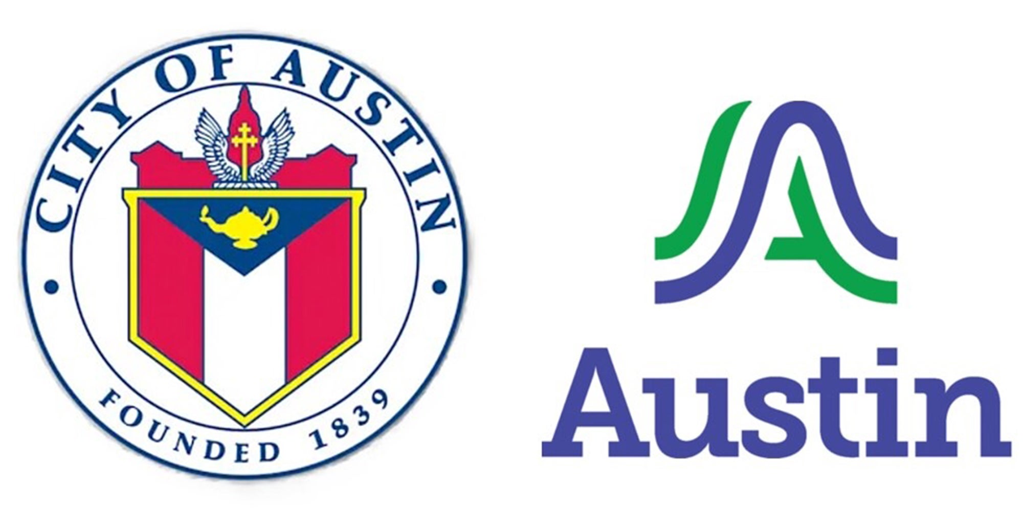 Left: Old Austin, Texas city logo. Right: New Austin, Texas city logo.