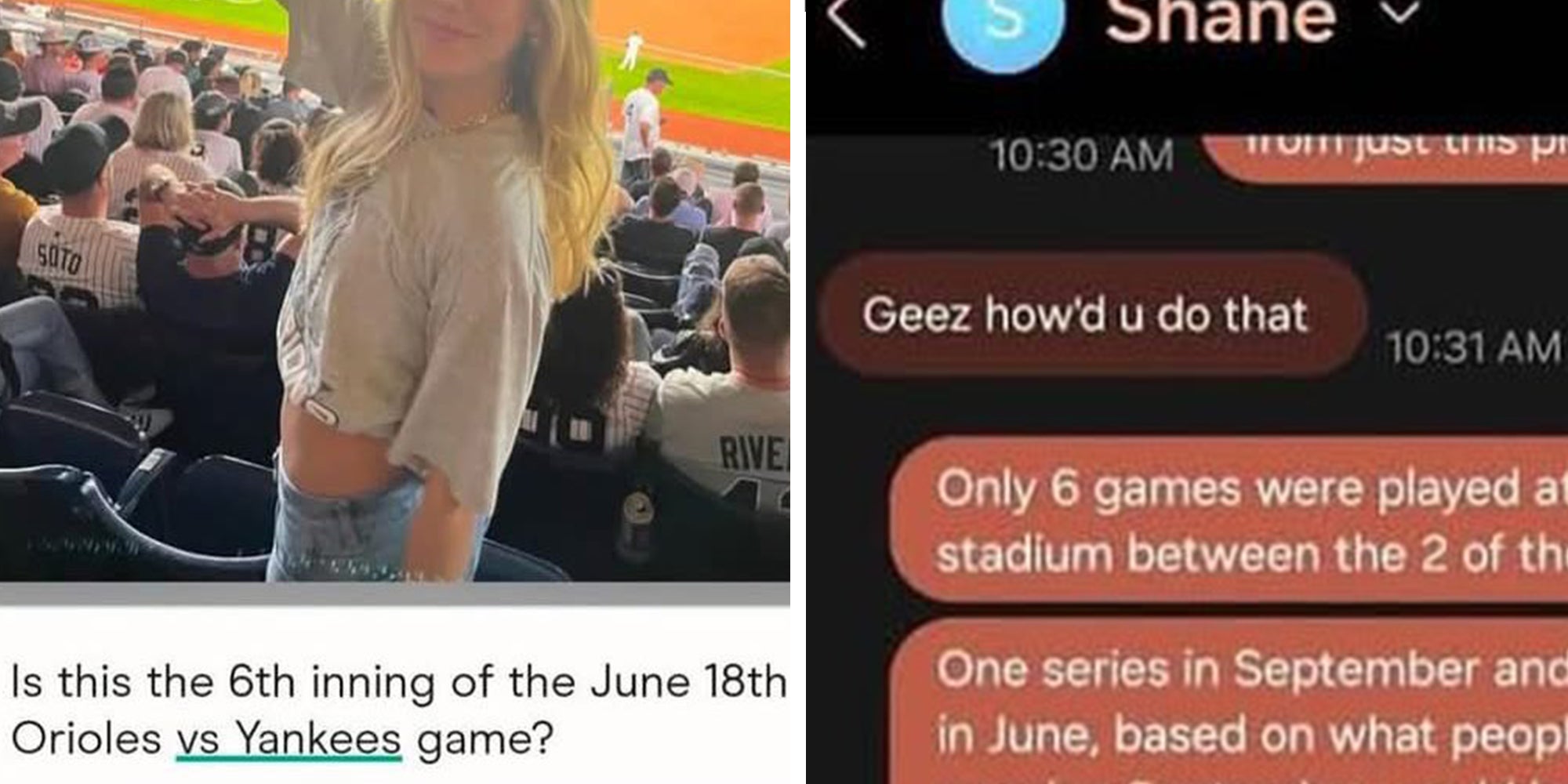Left: Blonde woman at a baseball game, screenshot pulled from her Hinge dating profile. Right: DM conversation on Hinge