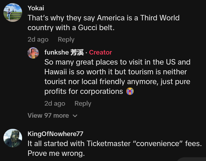 TikTok comments including one reading 'That’s why they say America is a Third World country with a Gucci belt.'