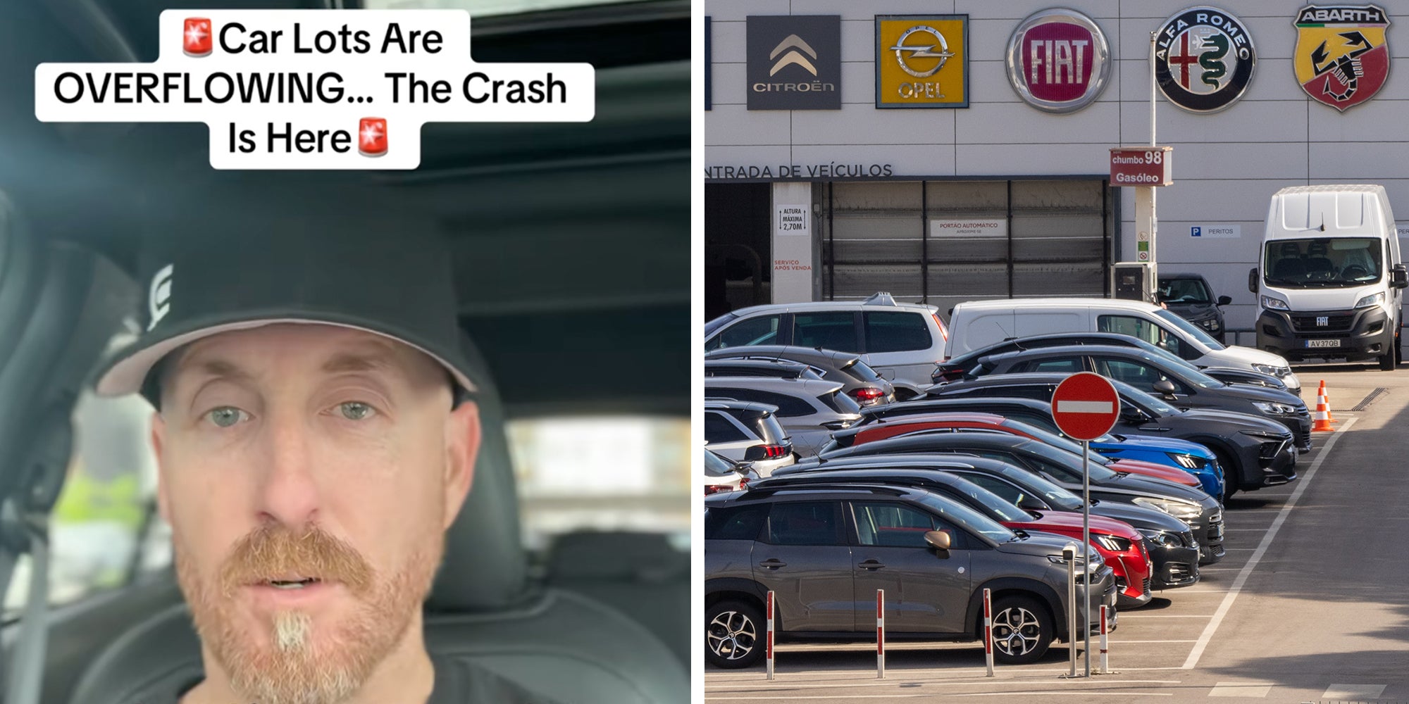 Left: Man sitting in his car under caption reading 'Car lots are OVERFLOWING...the crash is here. Right: Lisbon, Portugal October 20, 2024, Stellantis dealership in sacavem, portugal, displaying various car brands including peugeot, citroen, opel, fiat, alfa romeo, abarth, and jeep.