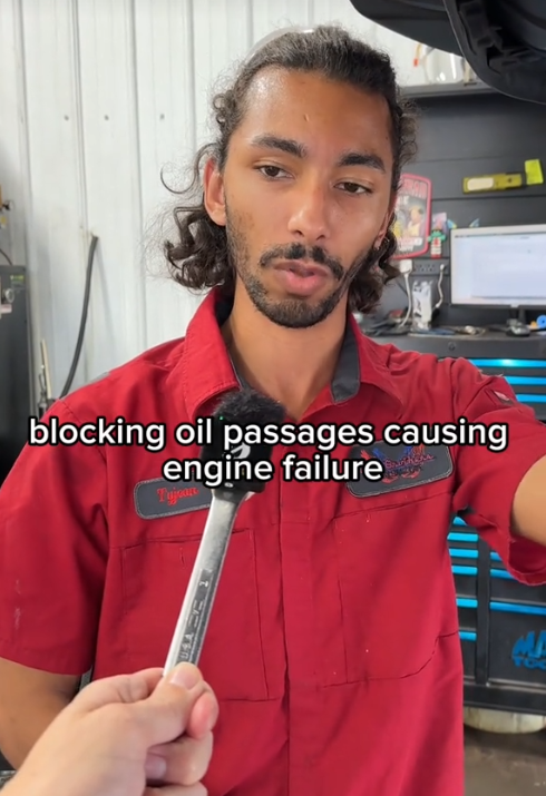 TikTok video of an Eich Brothers Automotive mechanic talking about wet belt system issues.
