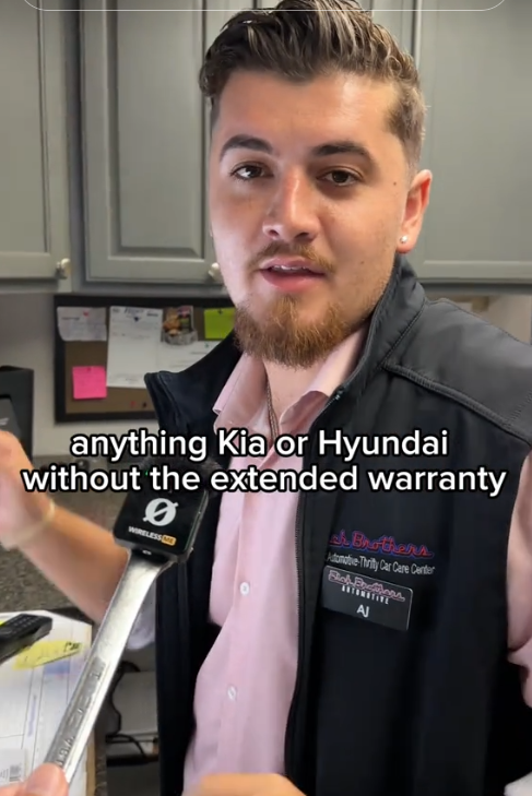 TikTok video of an Eich Brothers Automotive mechanic talking about Kia and Hyundai vehicles.