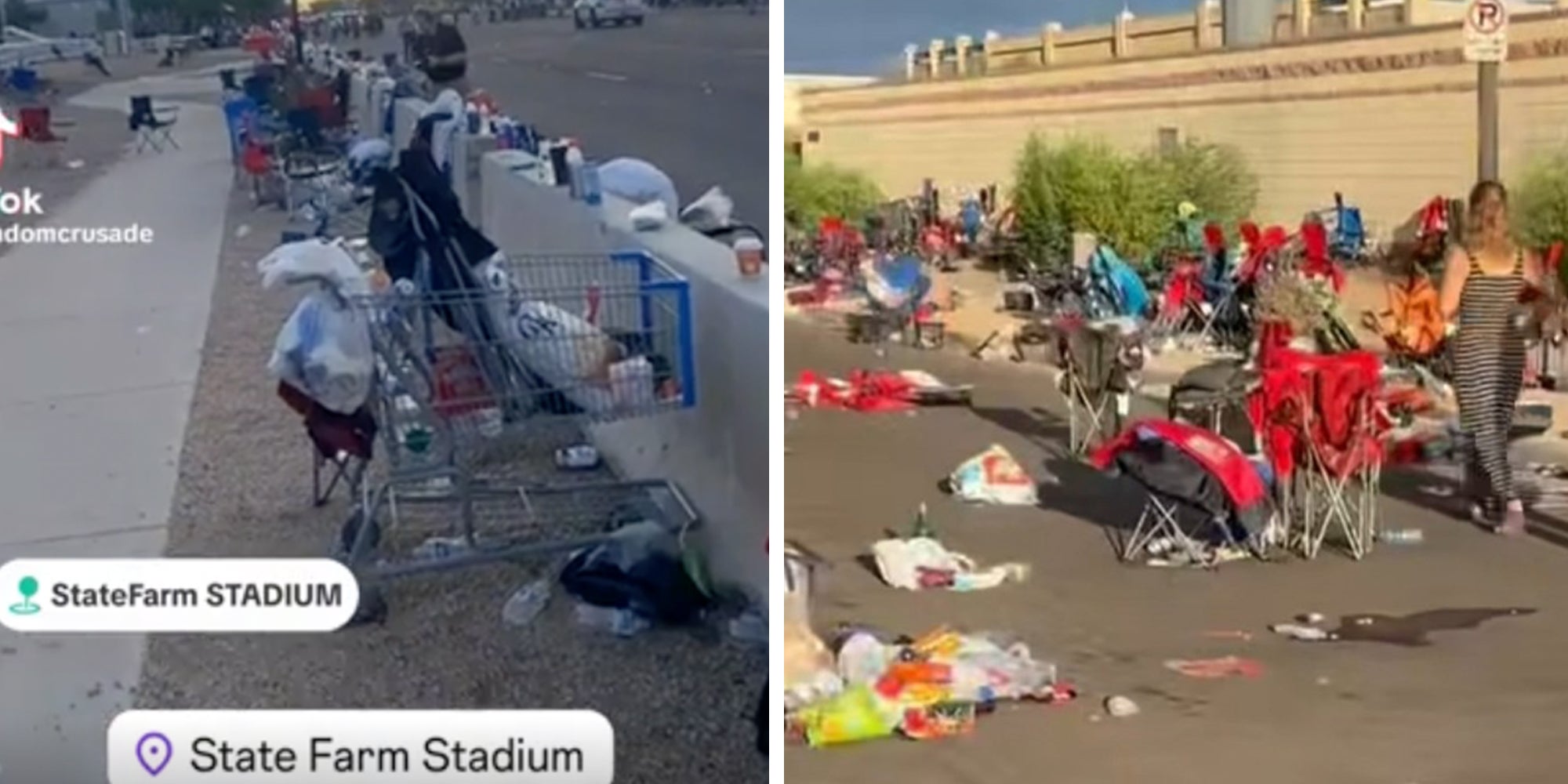 Piles of trash littering roads and sidewalks outside State Farm Stadium in Glendale, Arizona following Charlie Kirk's memorial on Sunday September 21, 2025.