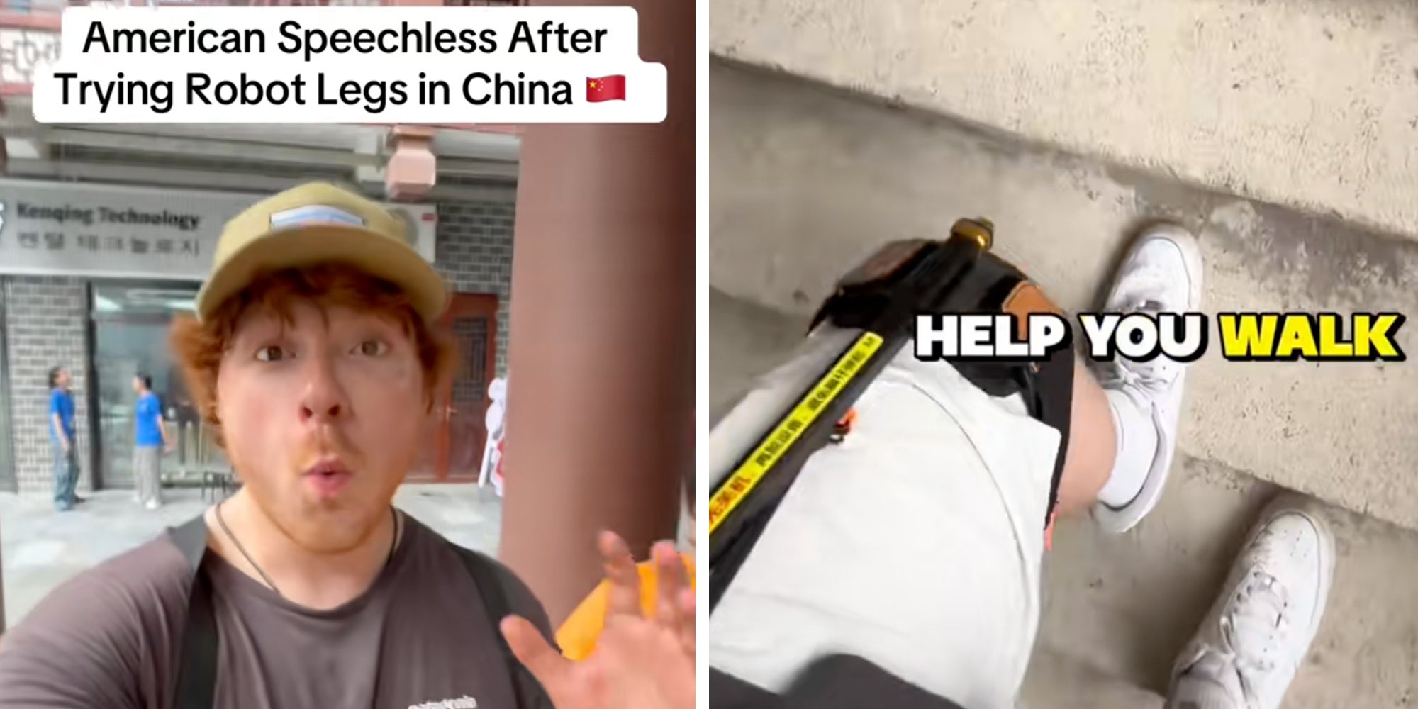 Left; Man in a hat under caption reading, 'American speechless after trying robot legs in China.' Right: Man in 'robot legs' walking up the stairs.