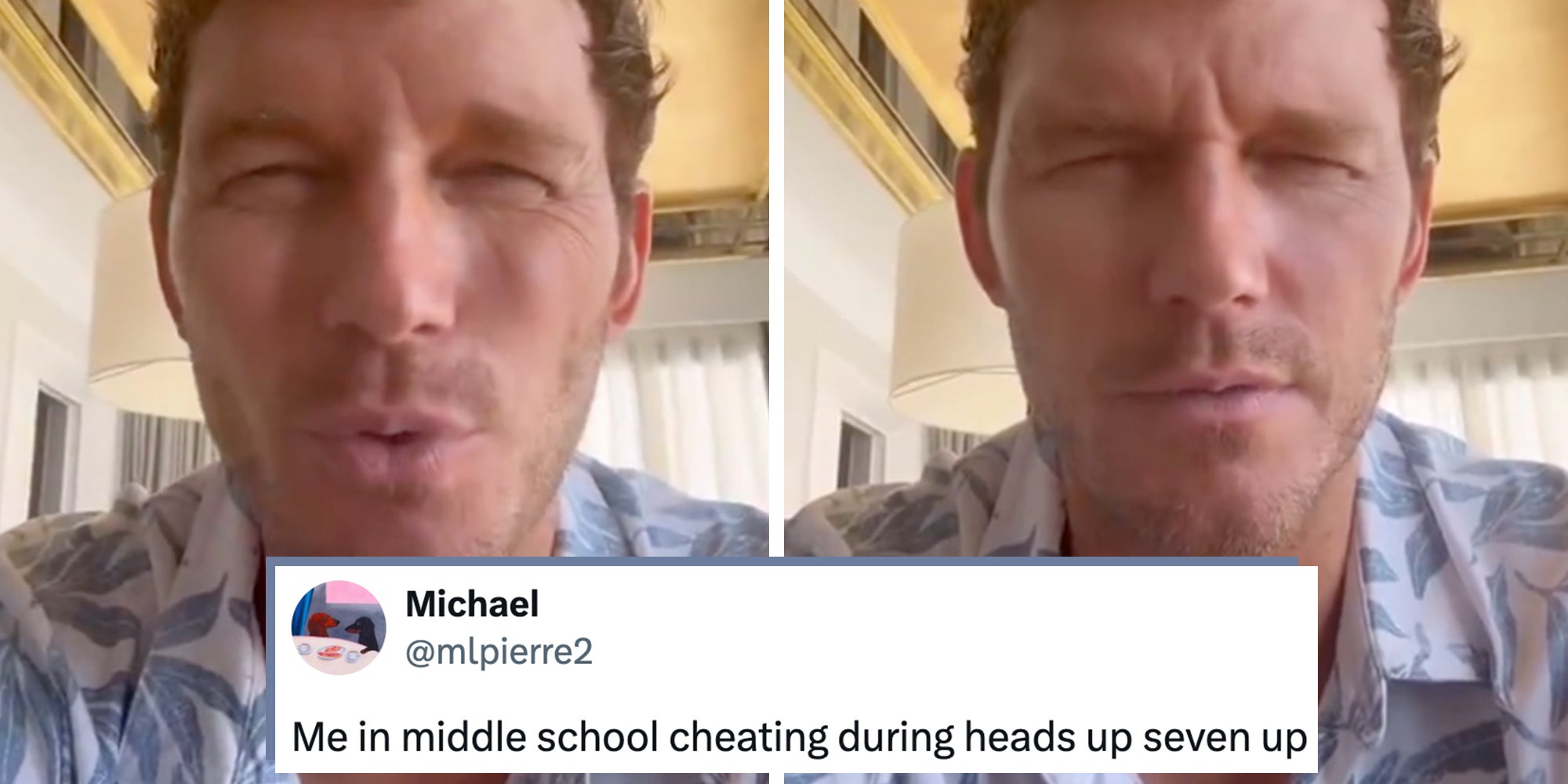 Chris Pratt squinting into the camera while leading a prayer. Tweet caption overlay reads, 'Me in middle school cheating during heads up seven up.'