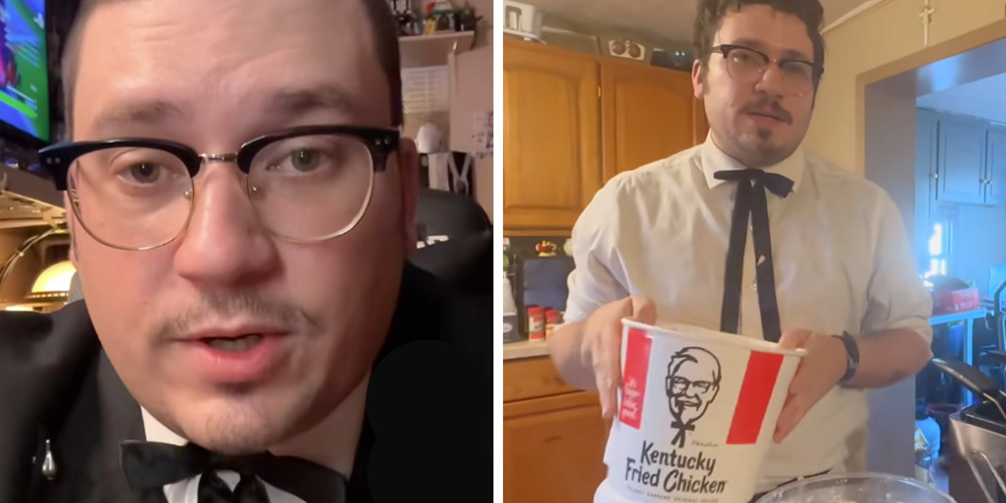 Left: Colonel Sanders Grandson looking into the camera. Right: Colonel Sanders Grandson holding a bucket of KFC.