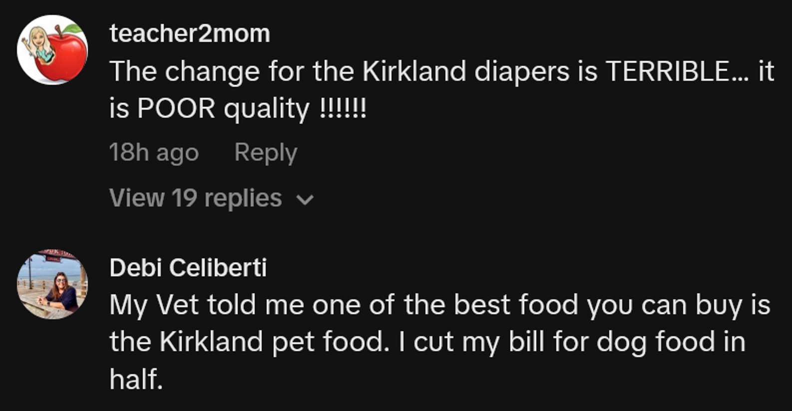 Os comentários de Tiktok, incluindo uma leitura 'A mudança para as fraldas de Kirkland é terrível… é baixa qualidade !!!!!!'