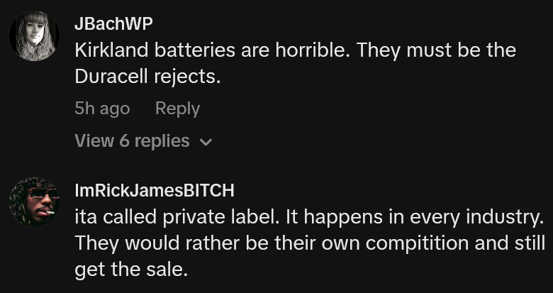 TikTok comments including one reading 'Kirkland batteries are horrible. They must be the Duracell rejects.'