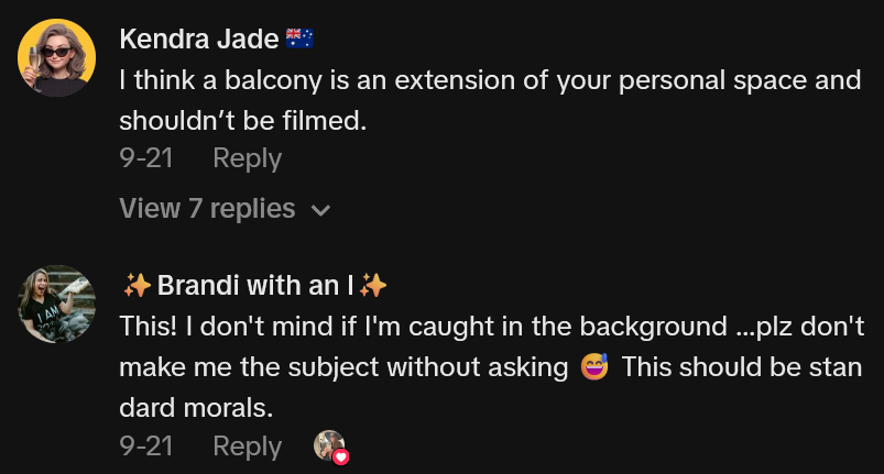 TikTok comments including one reading 'I think a balcony is an extension of your personal space and shouldn’t be filmed.'