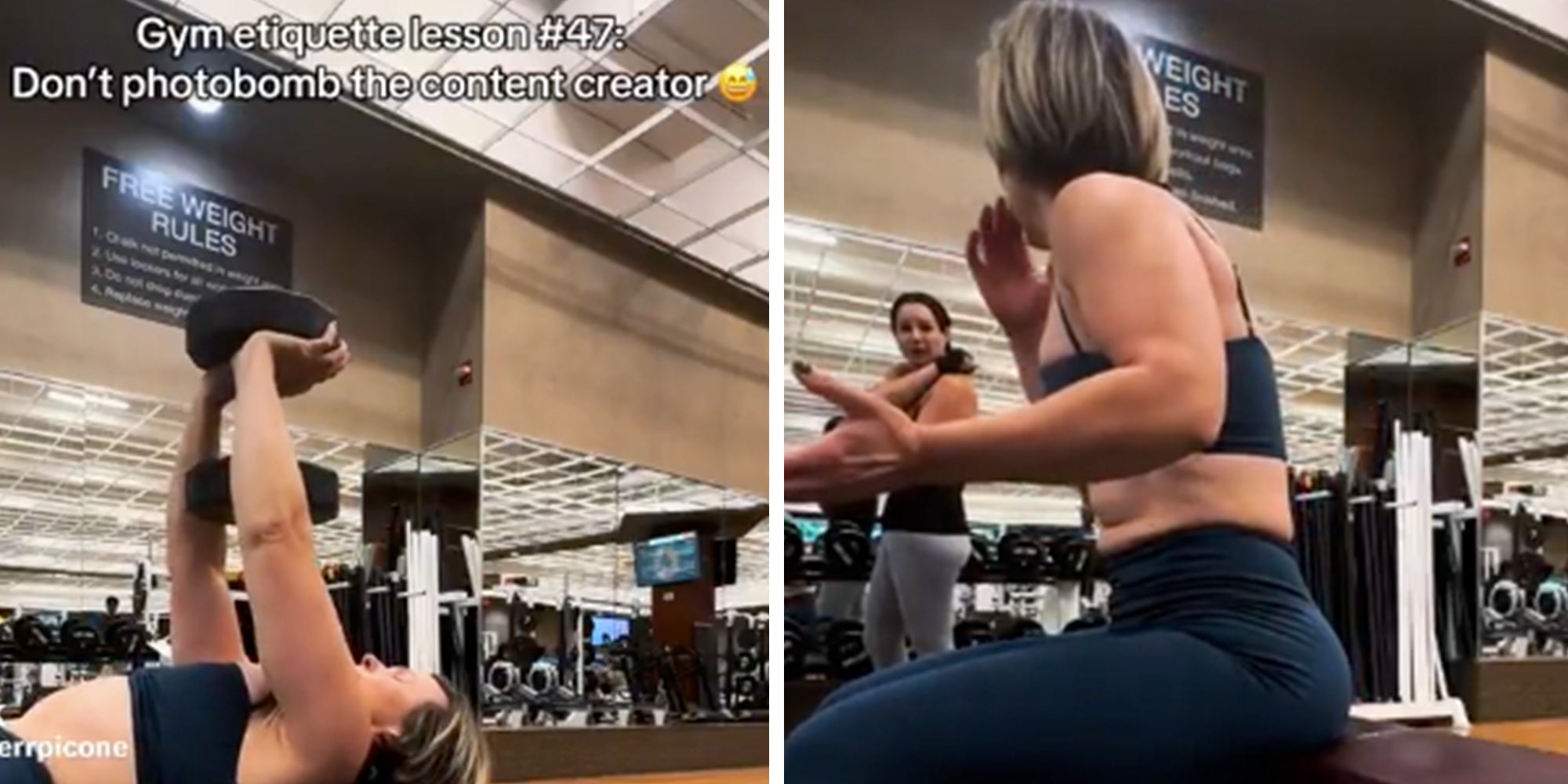 Content creator filming herself at the gym.