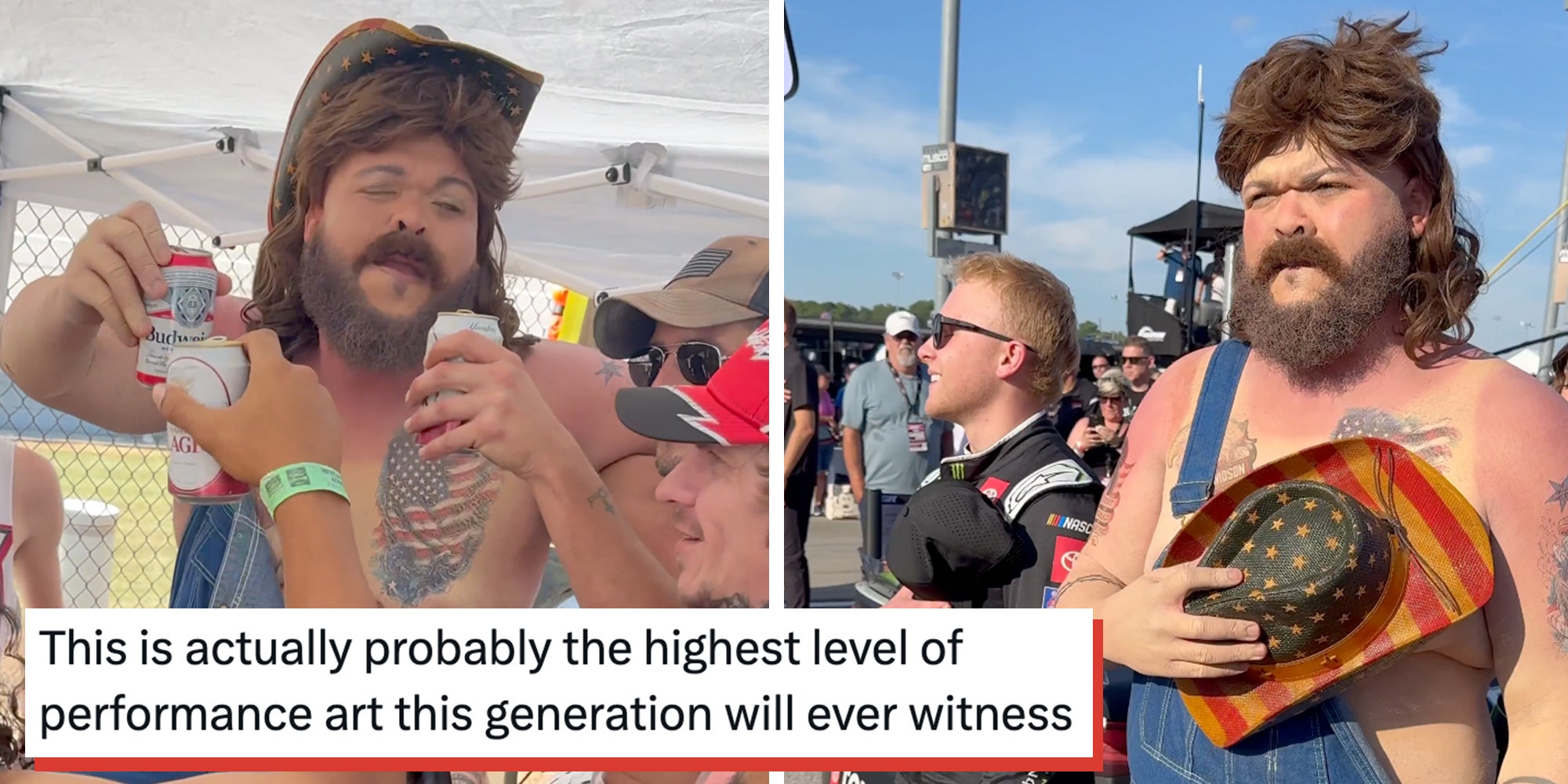 Comedian Druski in disguise as a white "patriot" in white makeup at a NASCAR rally, drinking Budweiser and holding an American flag cowboy hat over his chest. Tweet text overlay reads, "This is actually probably the highest level of performance art this generation will ever witness."