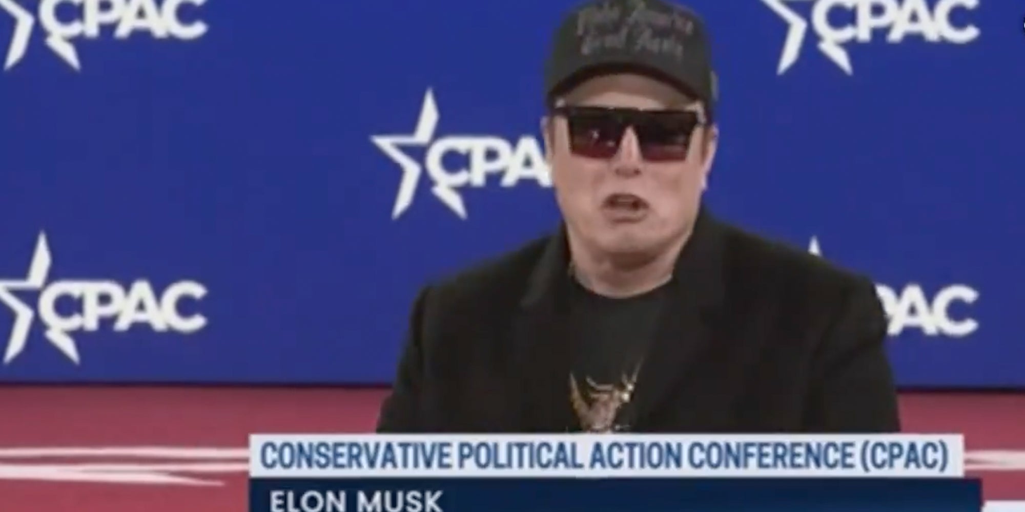 Elon Musk saying "“The left wanted to make comedy illegal. You couldn’t make fun of anything so comedy sucked. Legalize comedy!" at a CPAC event in February 2025.