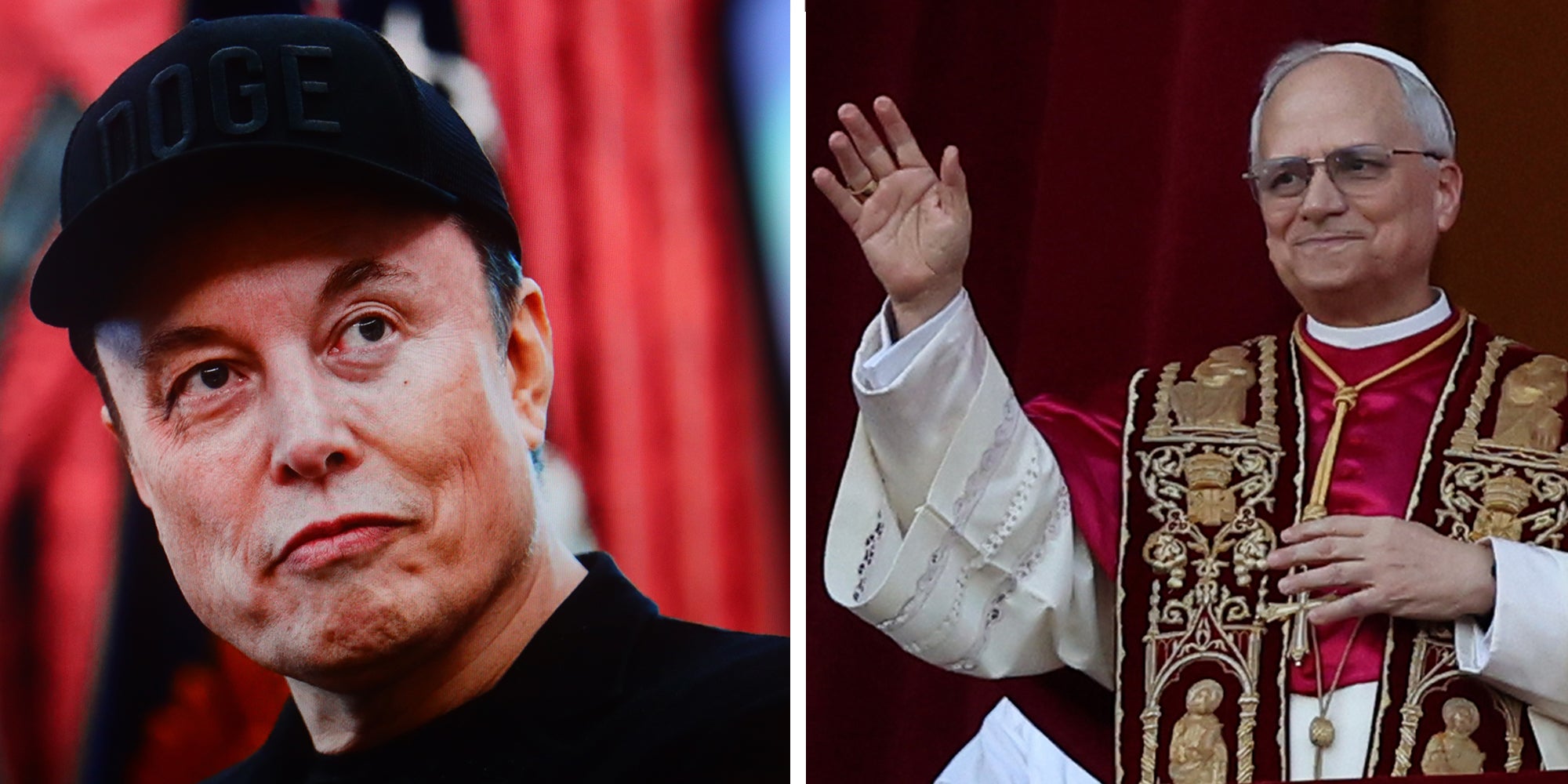 Left: Elon Musk in a black Doge hat. Right: Pope Leo XIV waving while standing on the central balcony of St. Peter's Basilica.