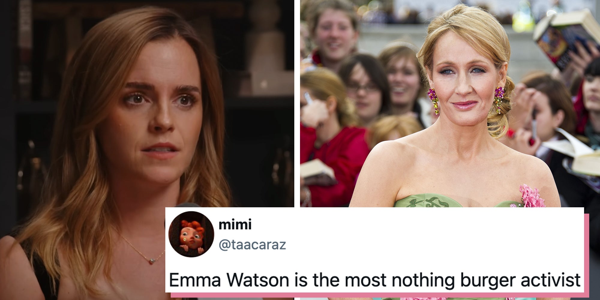 Left: Emma Watson speaking into a microphone on Jay Shetty's podcast. Right: K Rowling arriving for the World Premiere of 'Harry Potter & the Deathly Hallows pt2', Trafalgar Square, London. Tweet overlay reads, 'Emma Watson is the most nothing burger activist.'