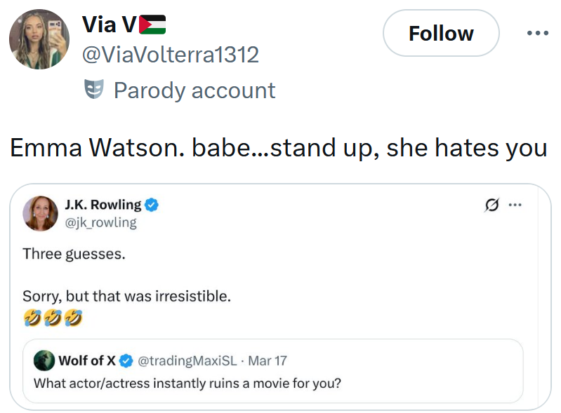 Tweet reading 'Emma Watson. babe...stand up, she hates you' with a screenshot of a J.K. Rowling tweet.