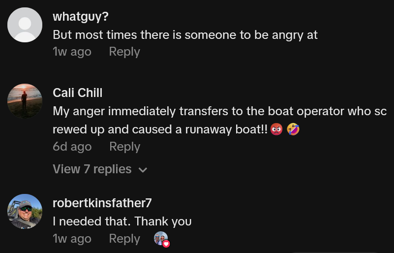 TikTok comments including one reading 'My anger immediately transfers to the boat operator who screwed up and caused a runaway boat!!'