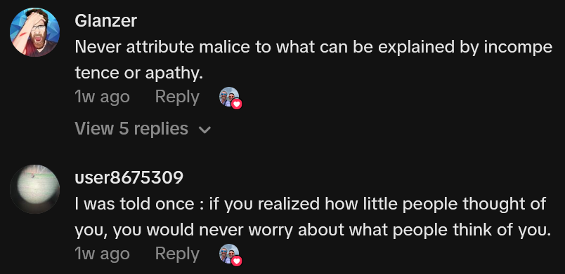 TikTok comments including one reading 'Never attribute malice to what can be explained by incompetence or apathy.'