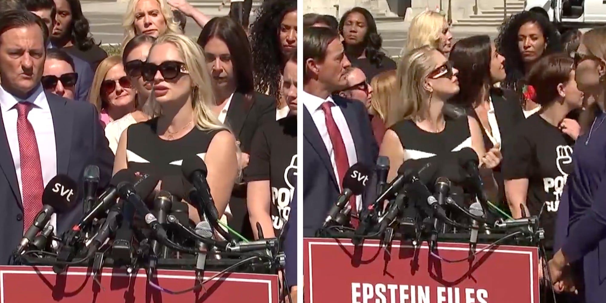 Jeffrey Epstein trafficking victims holding a press conference. Blonde survivor in glasses looks up at the sky during military flyover.