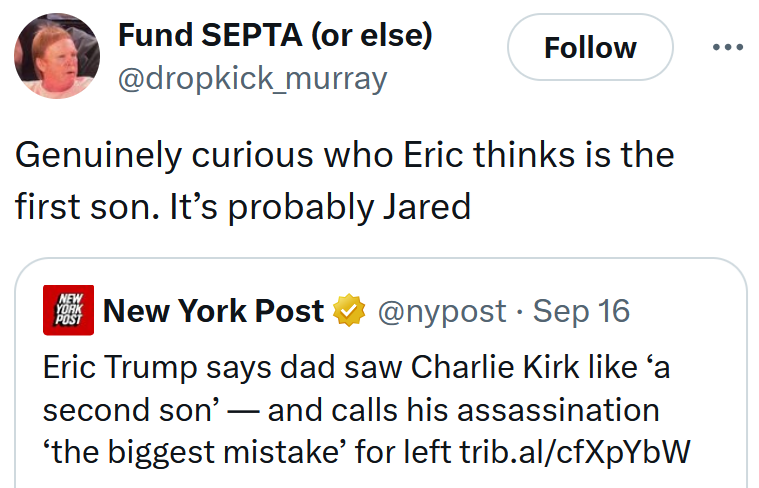 Tweet reading 'Genuinely curious who Eric thinks is the first son. It’s probably Jared'