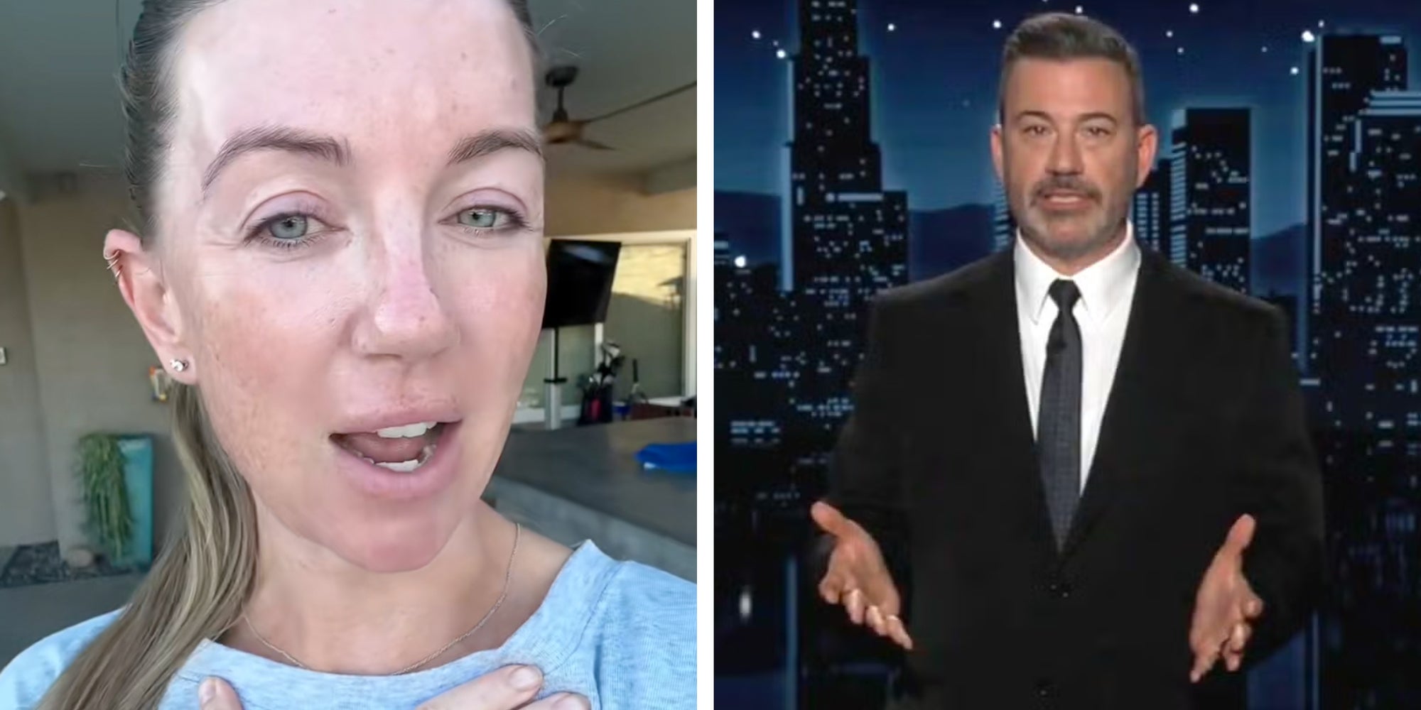 Left: Blonde woman with a ponytail looking into the camera. Right: Jimmy Kimmel during a broadcast