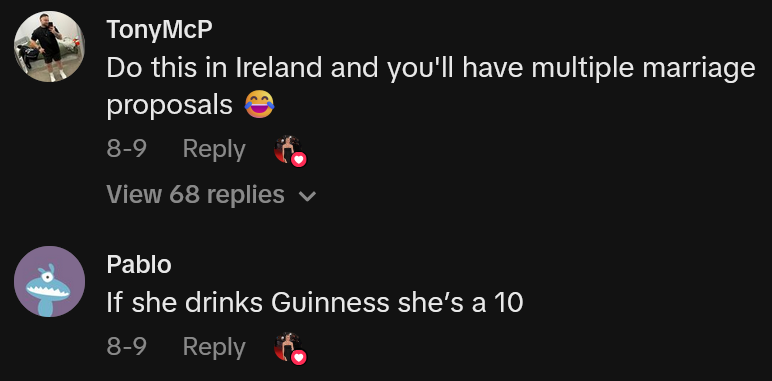 TikTok comments including one reading 'Do this in Ireland and you'll have multiple marriage proposals'