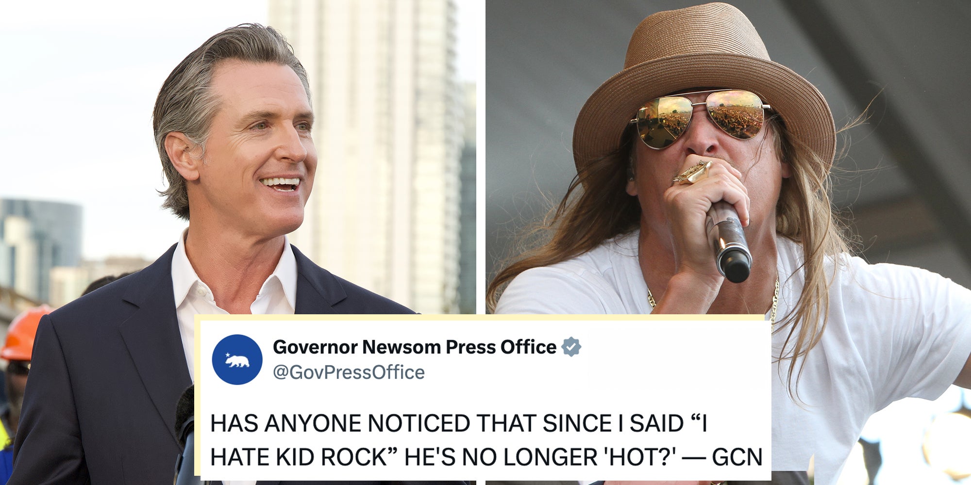 Left: Governor Gavin Newsom speaking about the Clean California project. Right: Robert James Ritchie, better known as Kid Rock, performs on stage at the 2011 New Orleans Jazz and Heritage Festival. Tweet overlay from the @GovPressOffice X account reads, ''HAS ANYONE NOTICED THAT SINCE I SAID “I HATE KID ROCK” HE'S NO LONGER 'HOT?' — GCN.'