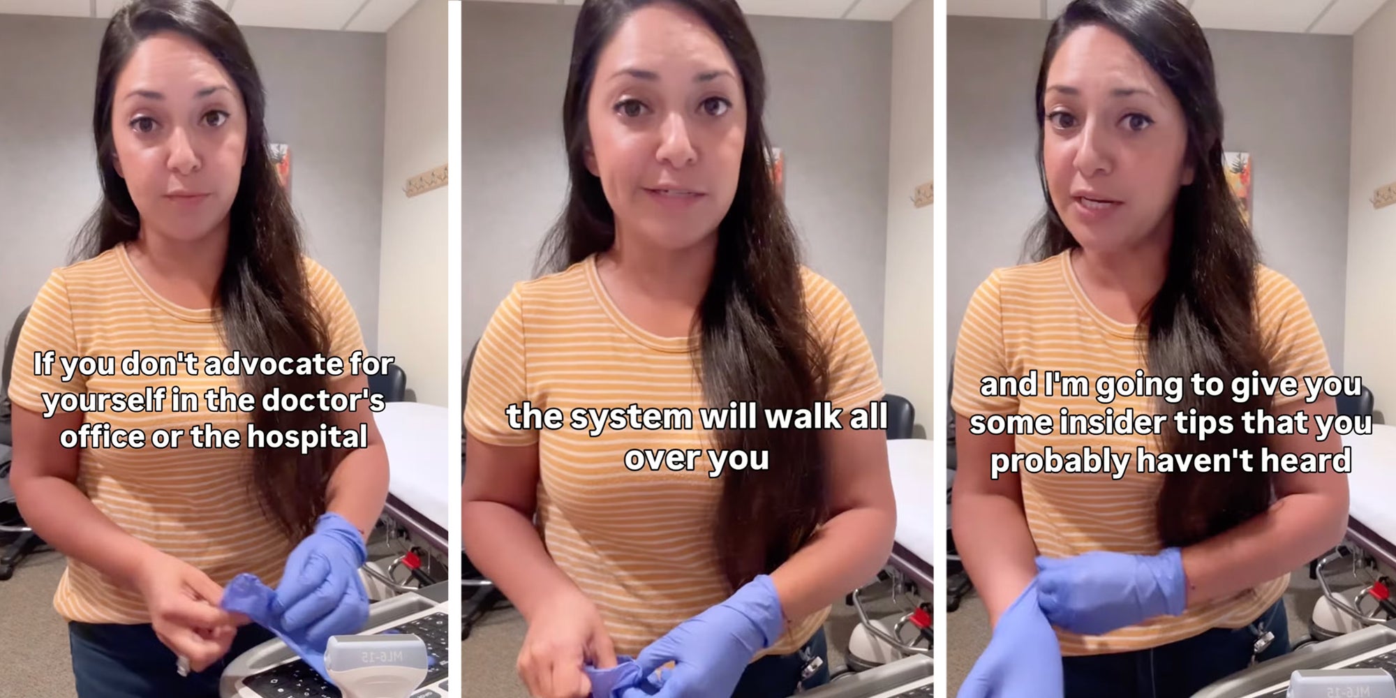 3 panel: Jasmine, an ultrasound tech and wellness creator known as @jazzzyyy13, in an orange striped shirt and medical gloves giving self-advocacy tips.