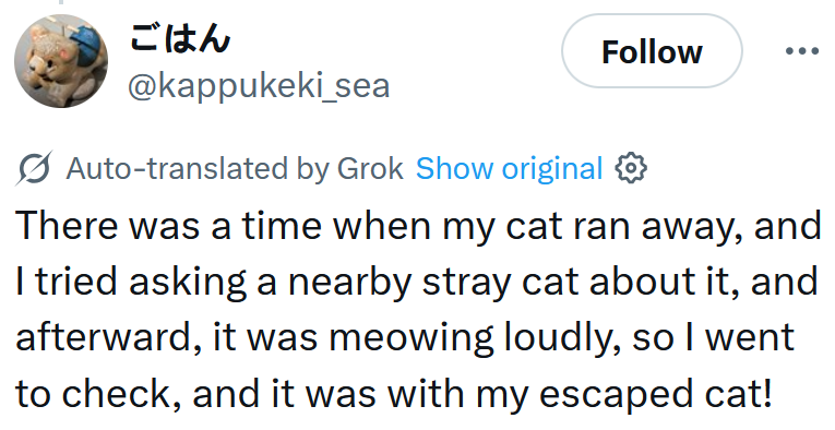 Tweet reading 'There was a time when my cat ran away, and I tried asking a nearby stray cat about it, and afterward, it was meowing loudly, so I went to check, and it was with my escaped cat!'