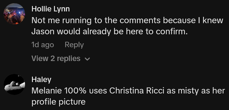TikTok comments including one reading 'Not me running to the comments because I knew Jason would already be here to confirm.'
