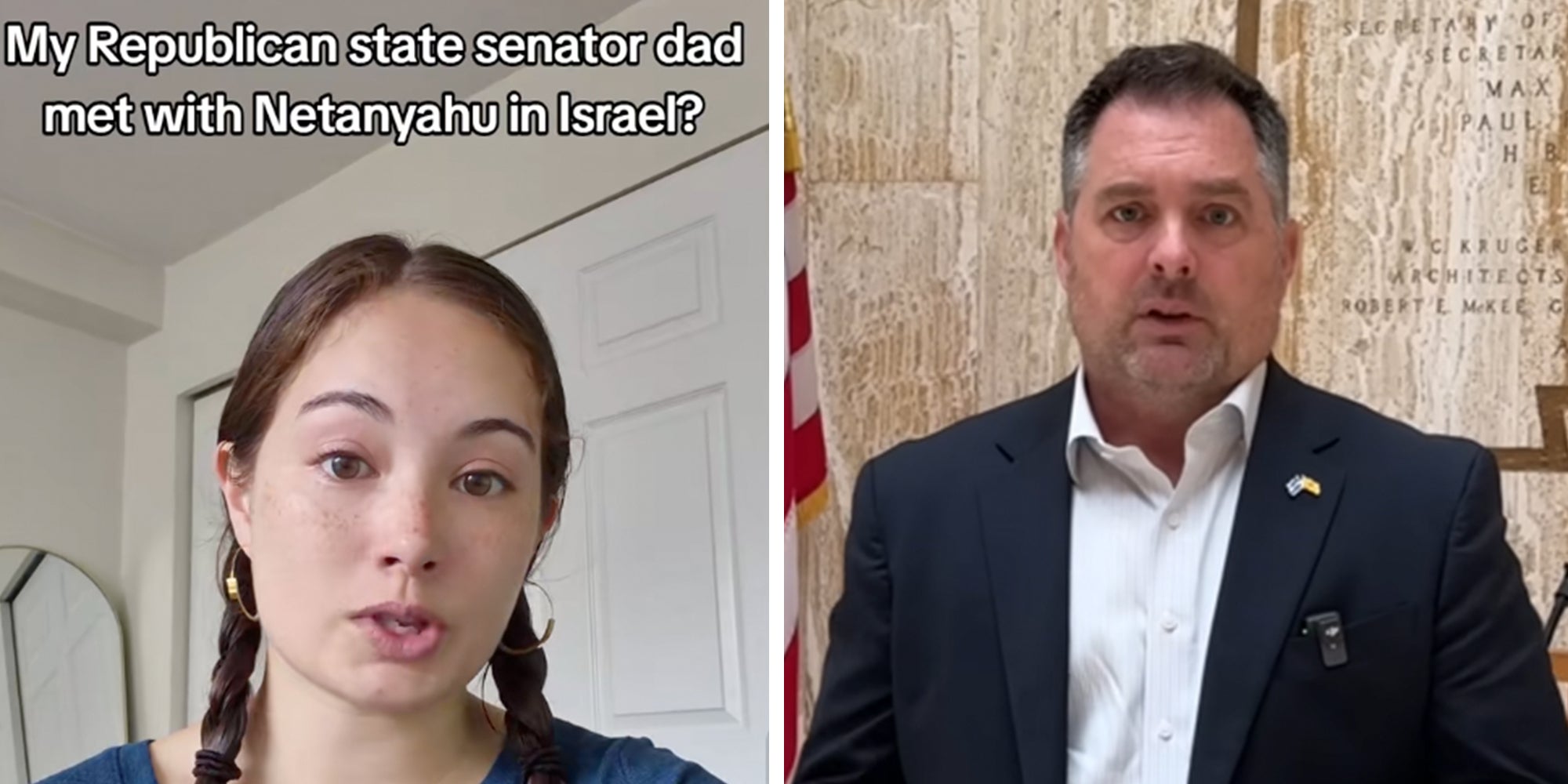 Left: Daughter of New Mexico Senator Jay Block, Maddie Block, in gold hoops and her hair braided. Caption overlay reads, "My Republican state senator dad met with Netanyahu in Israel?" Right: New Mexico Senator Jay Block