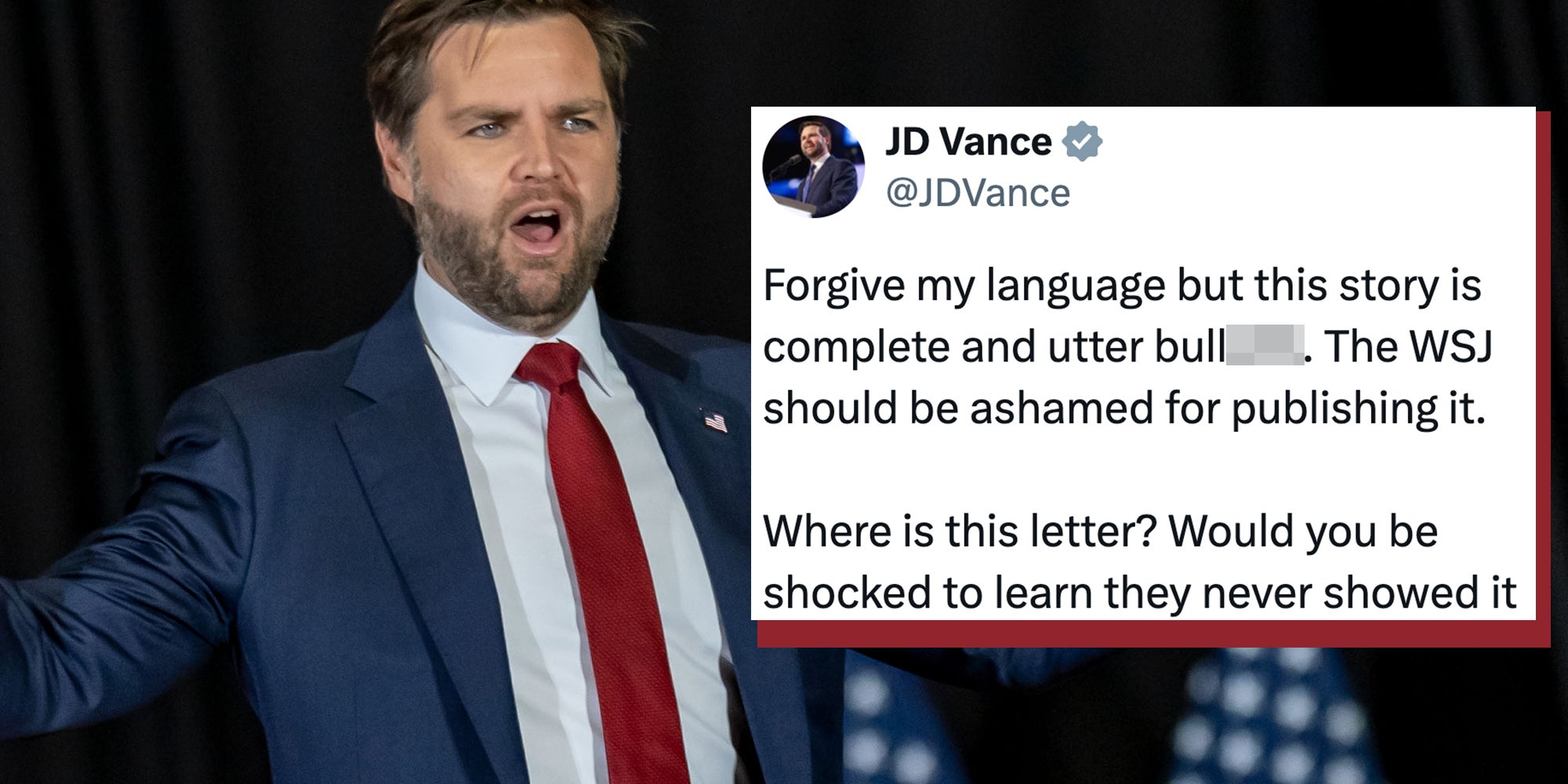 Ohio Senator JD Vance speaks at the Vice-Presidential Nominee’s election rally in Atlanta, Georgia, one day before Trump-Vance's victory in the elections. Tweet overlay from Vice President JD Vance reads, 'Forgive my language but this story is complete and utter BS. The WSJ should be ashamed for publishing it. Where is this letter? Would you be shocked to learn they never showed it.'