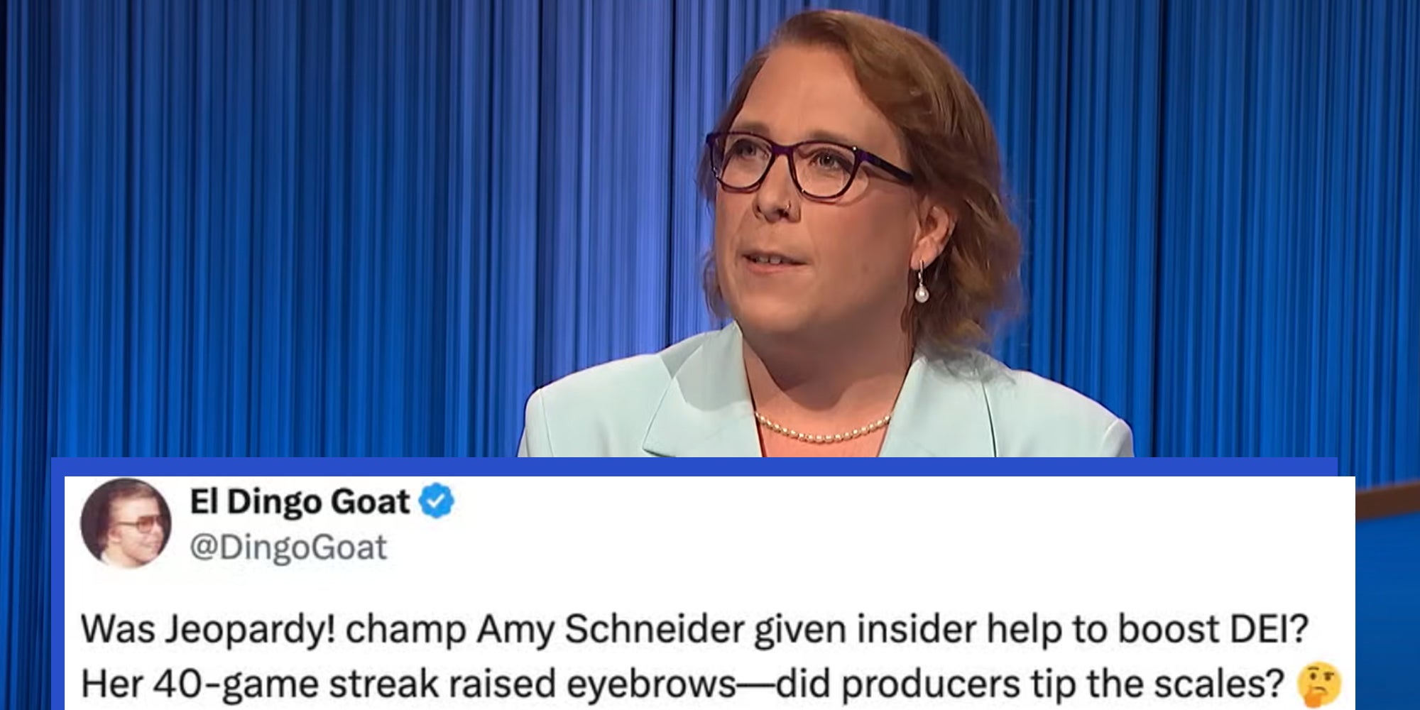 Jeopardy! contestant Amy Schneider during an episode of the show. Tweet caption overlay reads 'Was Jeopardy! champ Amy Schneider given insider help to boost DEI? Her 40-game streak raised eyebrows—did producers tip the scales?' 