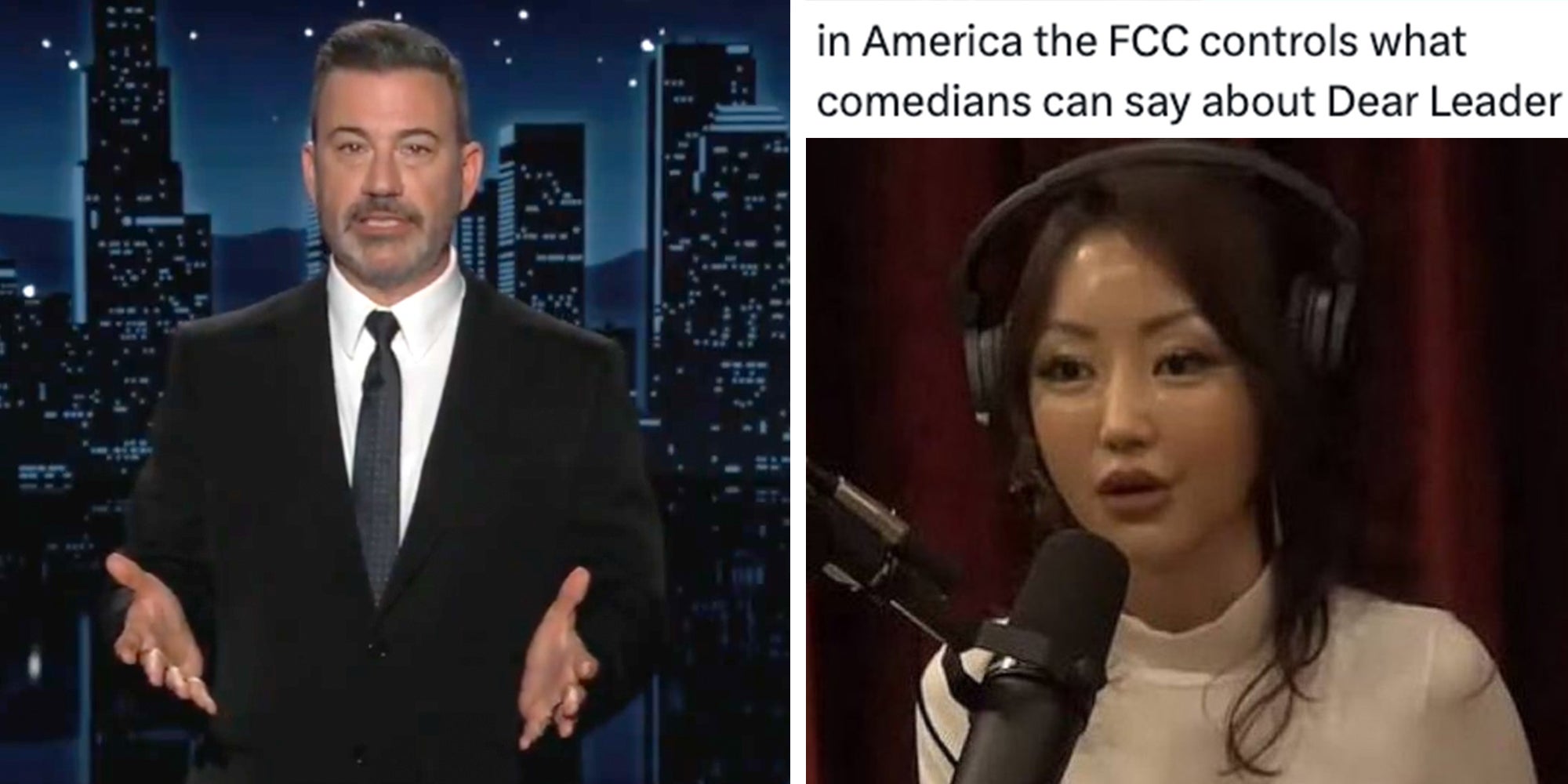 Left: Jimmy Kimmel giving a monologue about Charlie Kirk on 'Jimmy Kimmel Live!' on Monday, September 15, 2025. Right: 'In America' Yeonmi Park one Joe Rogan Podcast meme, caption reading, 'in America the FCC controls what comedians can say about Dear Leader.'