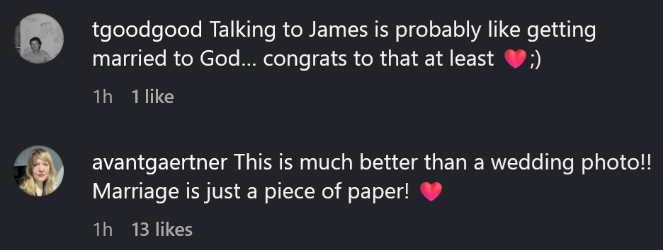 Instagram comments including one reading 'This is much better than a wedding photo!! Marriage is just a piece of paper!'