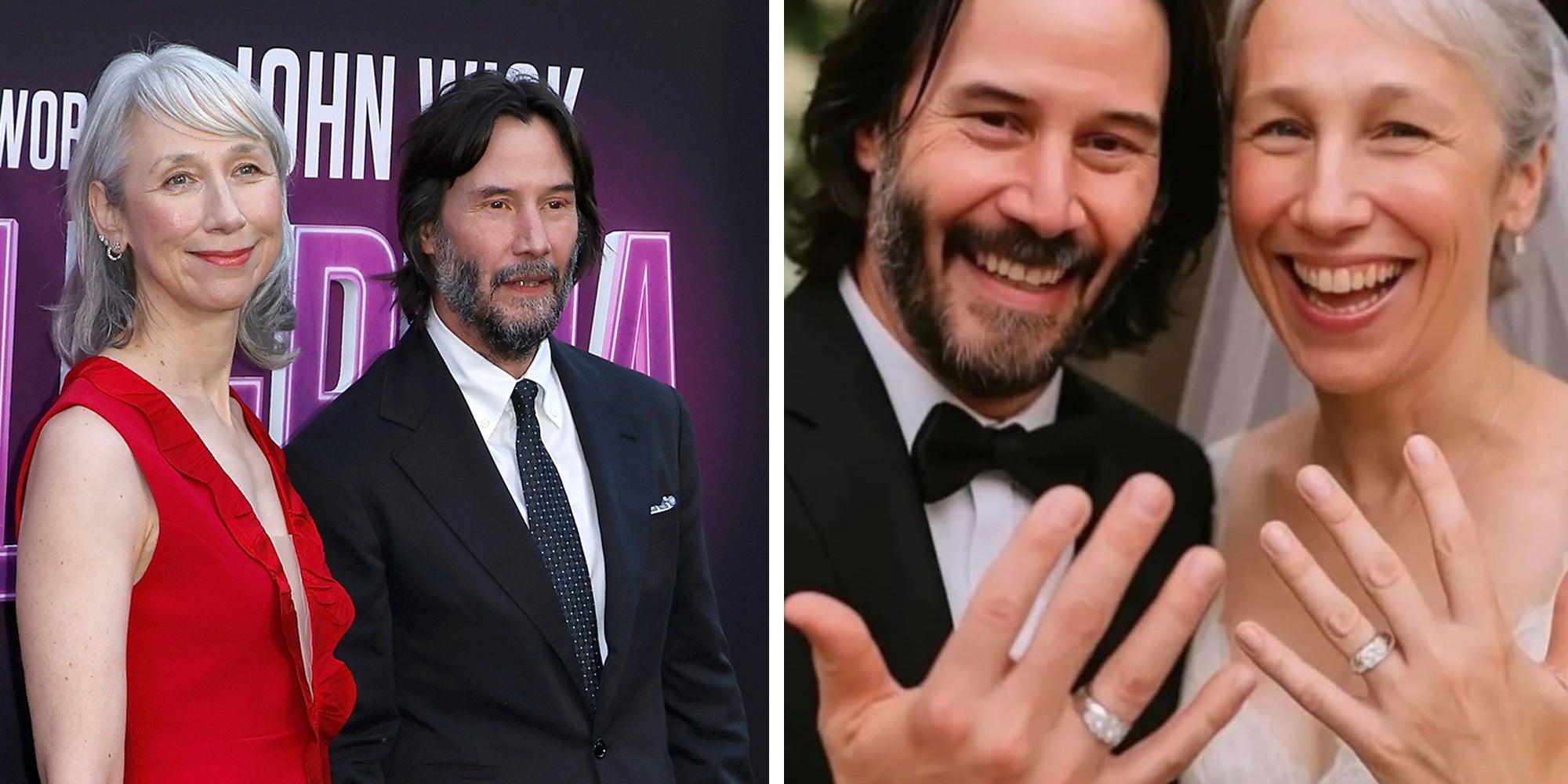 Left: Alexandra Grant, Keanu Reeves at the Ballerina World Premiere at TCL Chinese Theater IMAX on June 3, 2025 in Los Angeles, CA. Right: AI-generated wedding photo of Keanu Reeves and his girlfriend Alexandra Grant holding up their hands with visible wedding bands.