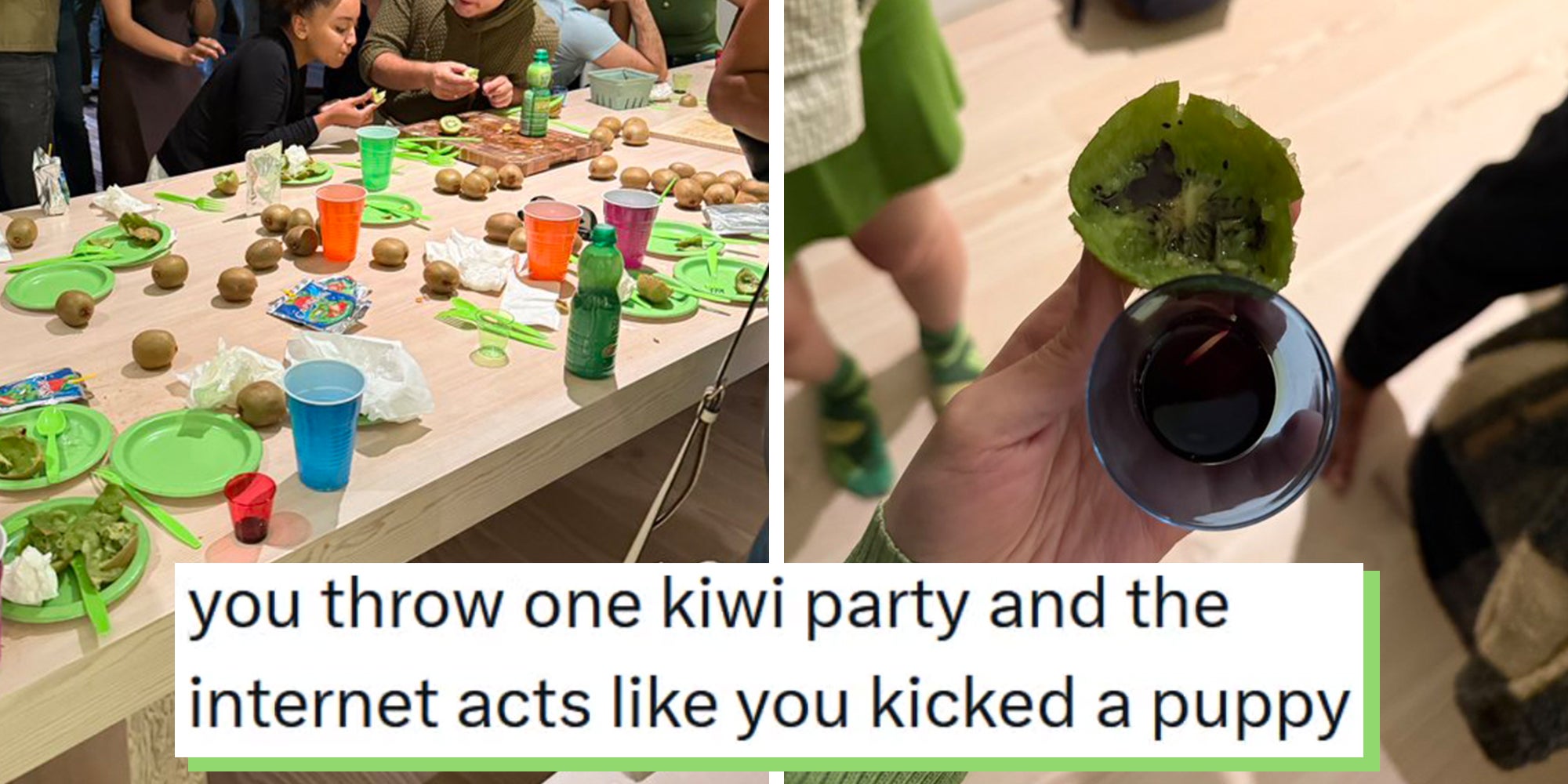 Left: Table laden with green plates and kiwis, people gathered around. Right: Hand holding half-eaten kiwi.