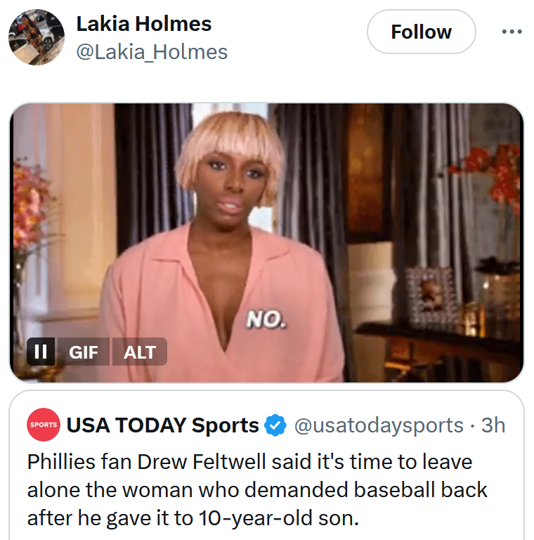 Tweet with a gif of a woman saying 'no.'
