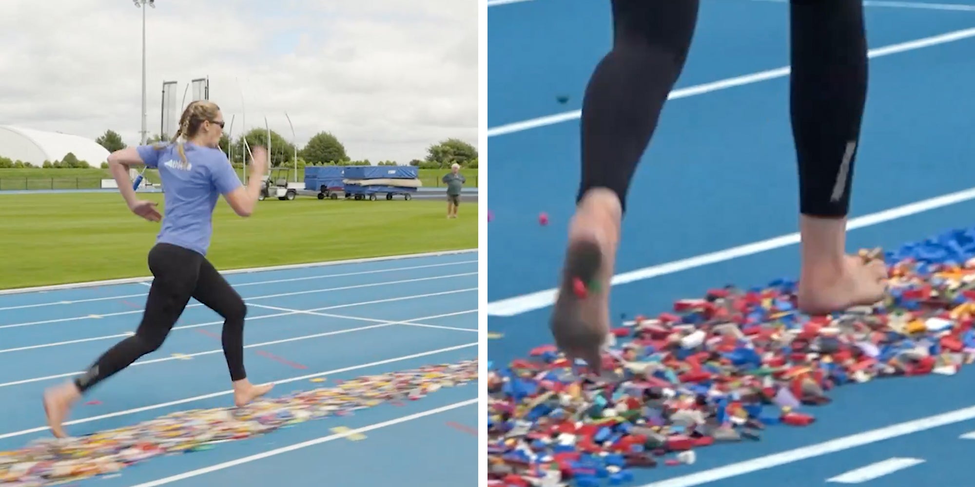 Woman sprinting across a track of LEGO pieces.