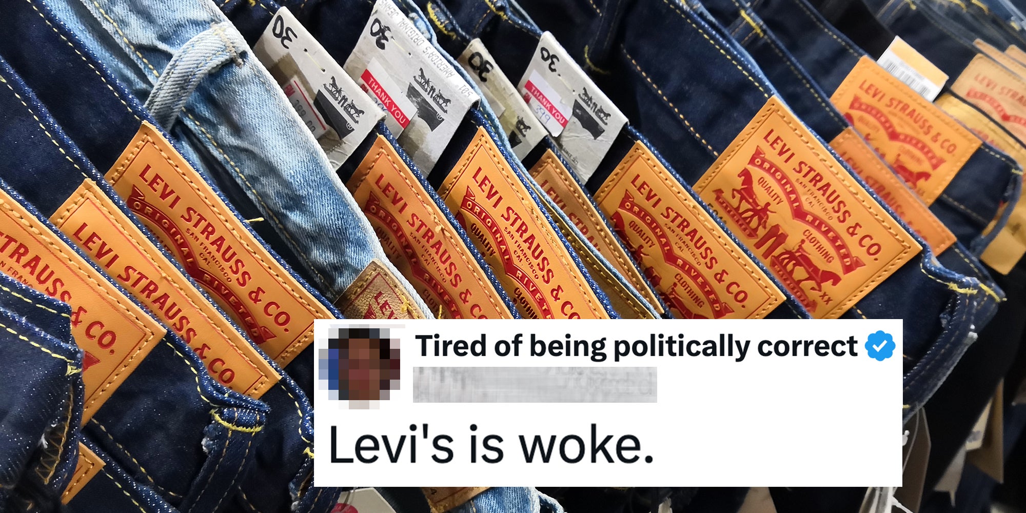 Closeup of Levi's Strauss jeans display in outlet. Caption overlay reads, 'Levi's is woke.'