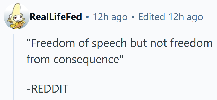Reddit comment reading ''Freedom of speech but not freedom from consequence' -REDDIT'