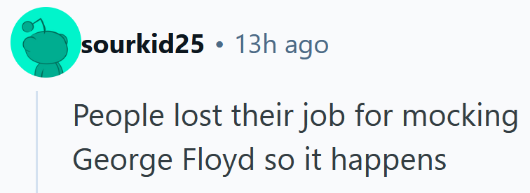 Reddit comment reading 'People lost their job for mocking George Floyd so it happens'