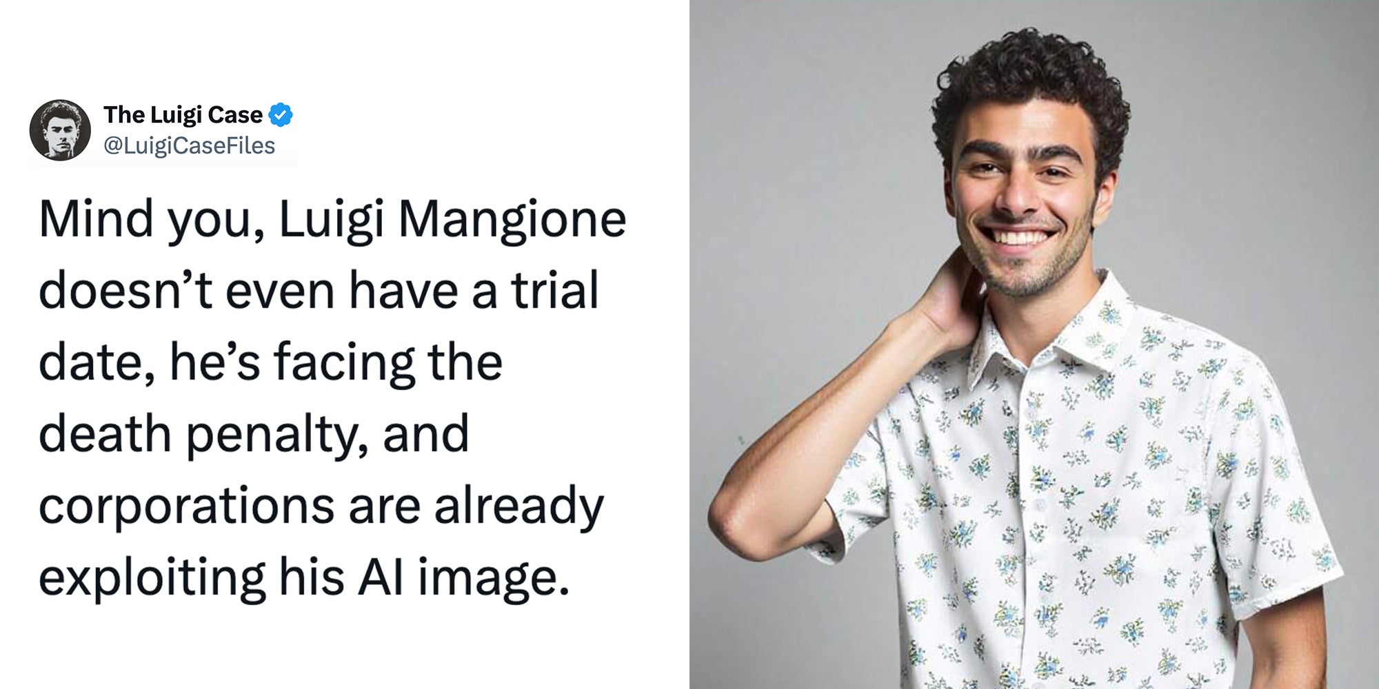 Left: Tweet reading 'Mind you, Luigi Mangione doesn’t even have a trial date, he’s facing the death penalty, and corporations are already exploiting his AI image.' Right: Shein ad featuring a possibly Ai-generated image of a model resembling Luigi Mangione