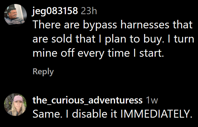 Instagram comments including one reading 'There are bypass harnesses that are sold that I plan to buy. I turn mine off every time I start.'