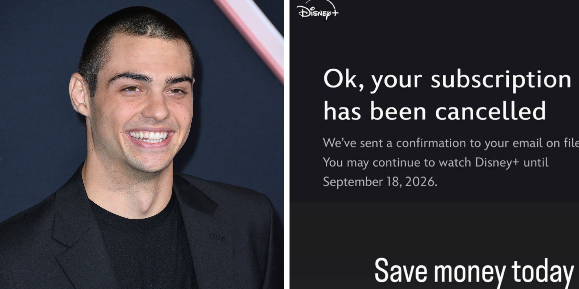 Left: Noah Centineo at the world premiere of 'Charlie's Angels' at the Regency Village Theatre. Right: Screenshot posted on Instagram Reels by Noah Centineo showing he had canceled his Disney Plus subscription.