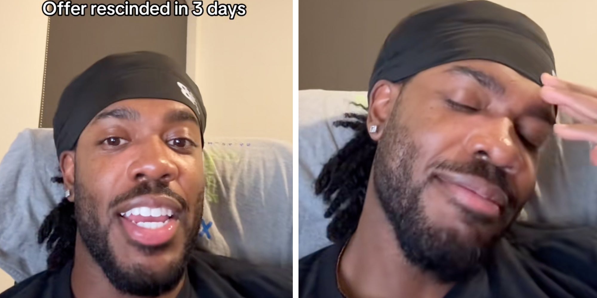 Man looking into a camera under caption reading "Offer rescinded in 3 days."