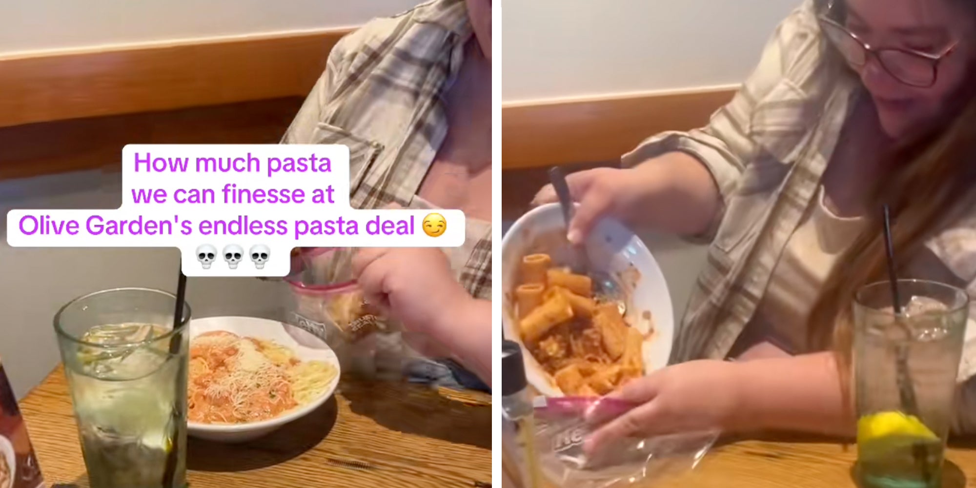 Woman putting ziti pasta into a Ziploc bag at an Olive Garden. Caption overlay reads, ''How much pasta we can finesse at Olive Garden's endless pasta deal.'