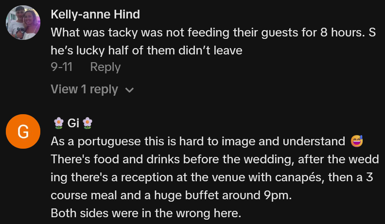 TikTok comments including one reading 'What was tacky was not feeding their guests for 8 hours. She’s lucky half of them didn’t leave'