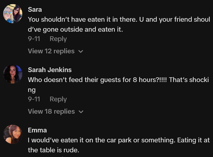 TikTok comments including one reading 'You shouldn’t have eaten it in there. U and your friend should’ve gone outside and eaten it.'