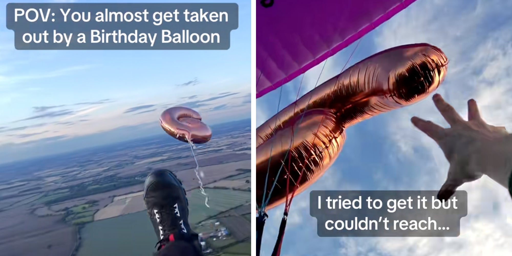Left: Paraglider from his point of view in the sky as a pink Mylar number 6 balloon rushes towards him, caption overlay reads 'POV you almost get taken out by a birthday balloon.' Right: Paraglider's hand reaching to pink mylar birthday balloon stuck above him.